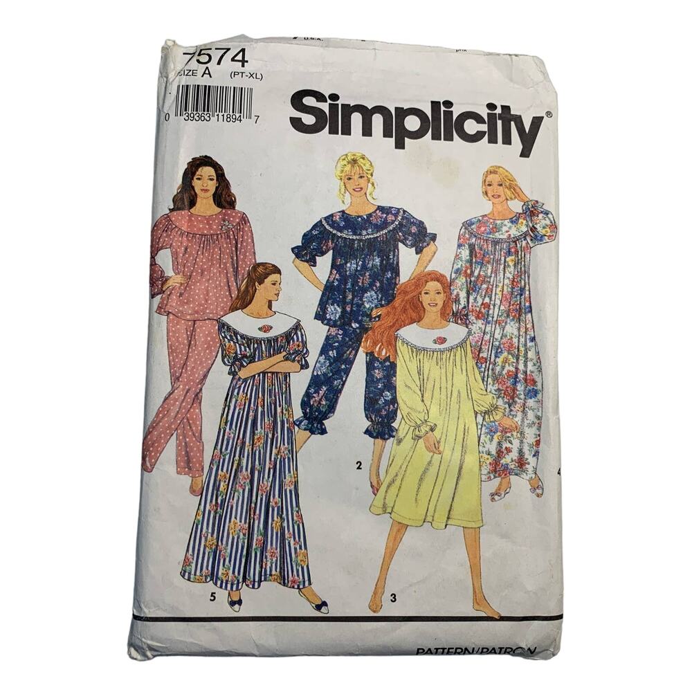 vintage sewing pattern UNCUT Simplicity 7574 pajamas nightgown modest Sz A PT-XL